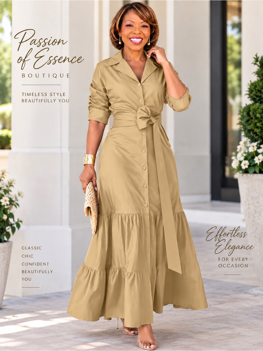 Elegant Tan Belted Maxi Shirt Dress Ruched Sleeve Tiered Hem Size XL